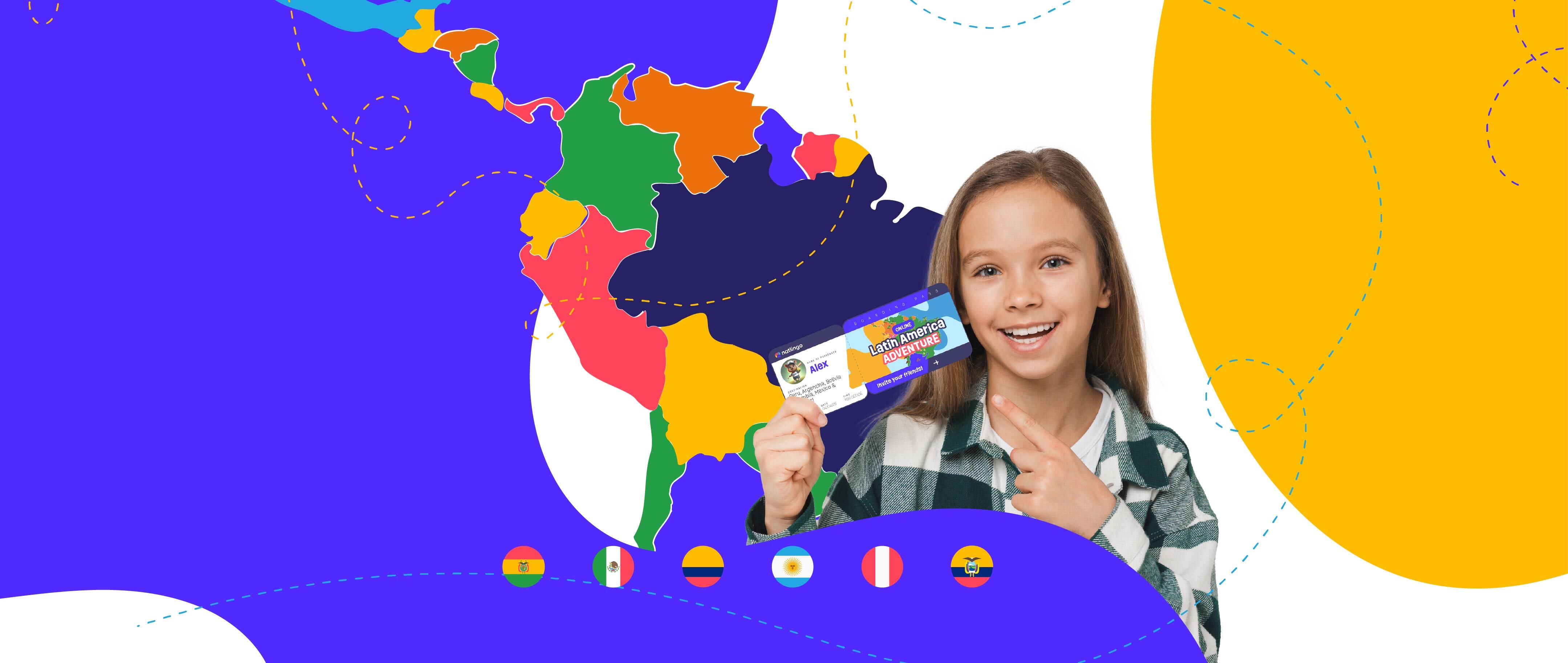 A young child holding a ticket to travel the Latin America Adventure, behind her a map of some of the Latin American countries the program will teach them about while teaching them Spanish.
